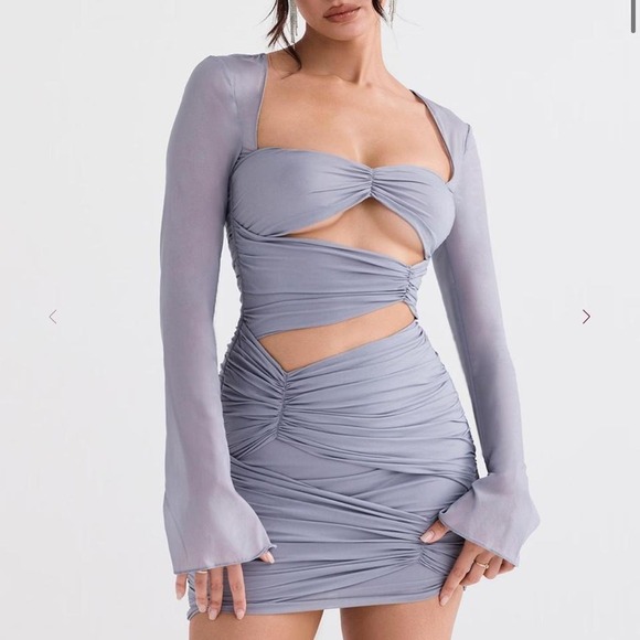 House of CB Blue CAMILLE Dove Grey Real Silk Mini Dress size Medium - Picture 6 of 6